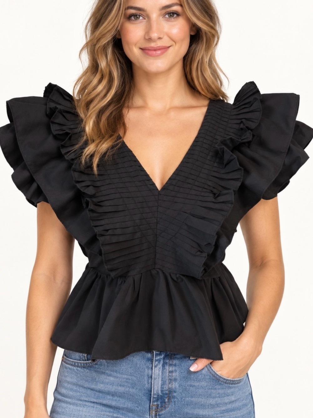 entro Black Pleated V-Neck Peplum Top with Ruffle Sleeves Med LIKE NEW WORN 1x